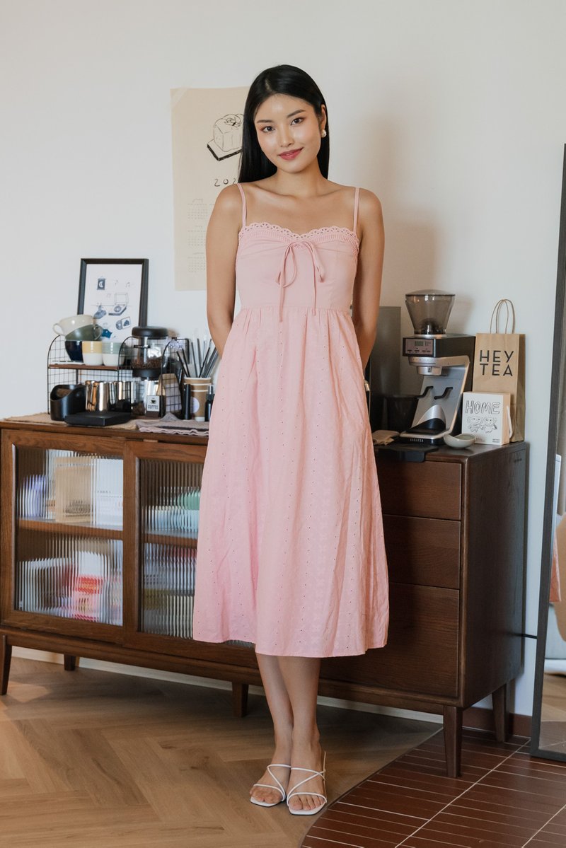 Ezi Eyelet Camisole Midi Dress In Pink