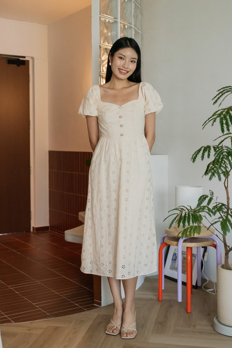 Noah Flower Button Eyelet Midi Dress In Cream