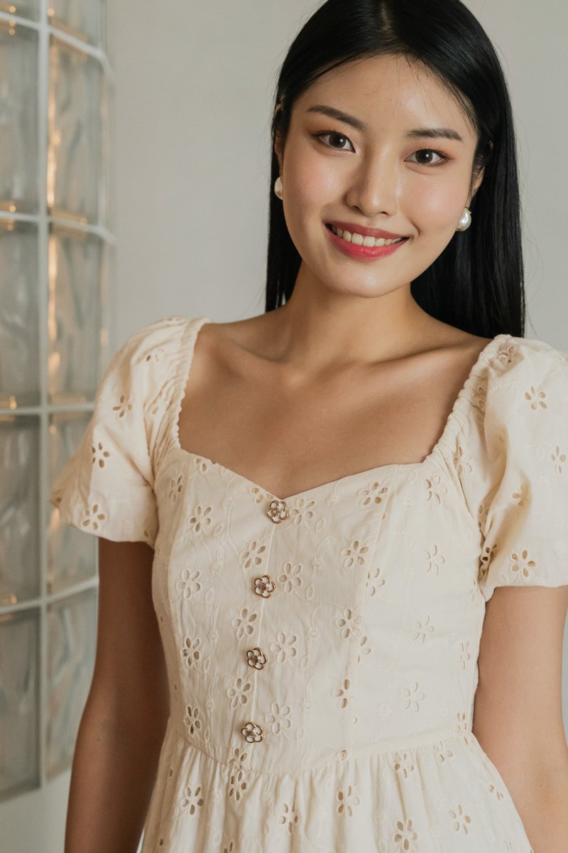 Noah Flower Button Eyelet Midi Dress In Cream