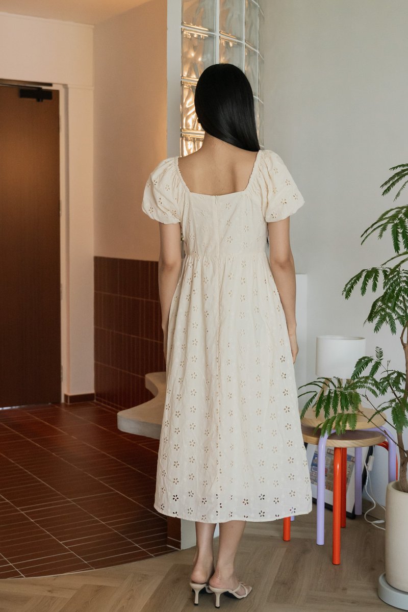 Noah Flower Button Eyelet Midi Dress In Cream