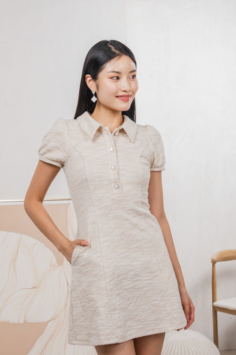 Jackie Tweed Button Shirt Dress In Cream