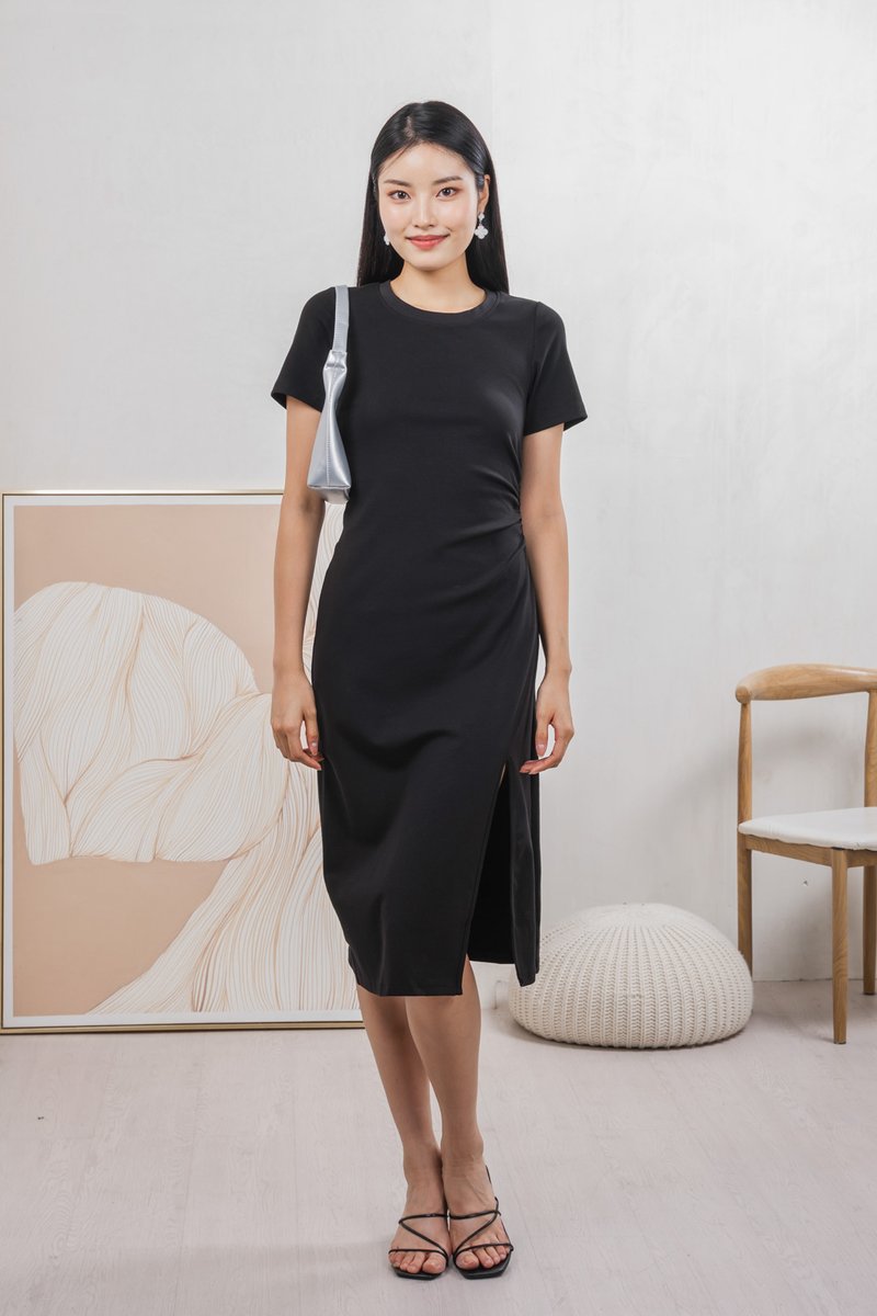 Osborn Side Ruched Midi Dress In Black