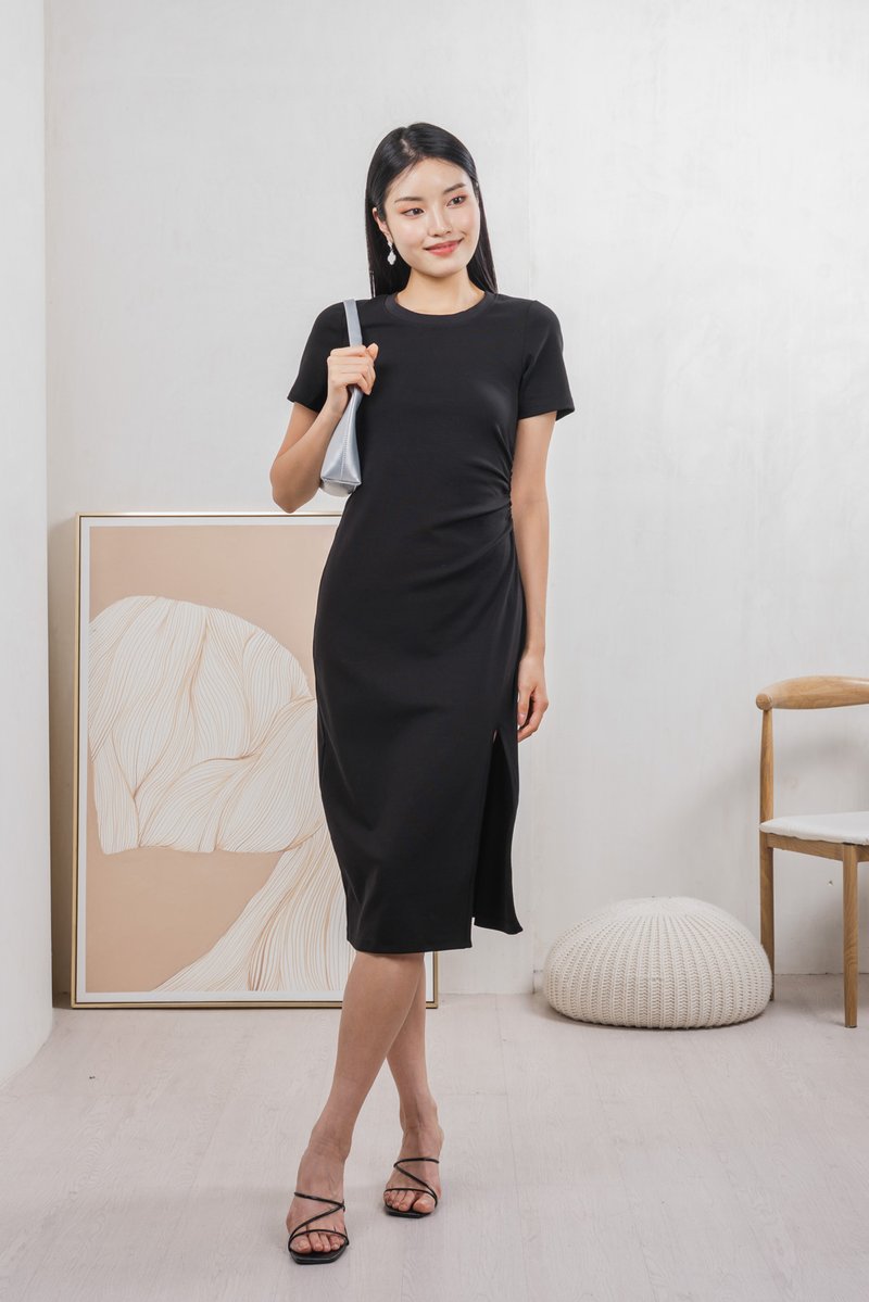 Osborn Side Ruched Midi Dress In Black
