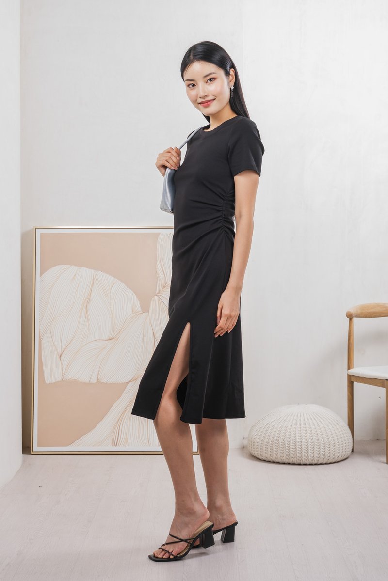 Osborn Side Ruched Midi Dress In Black