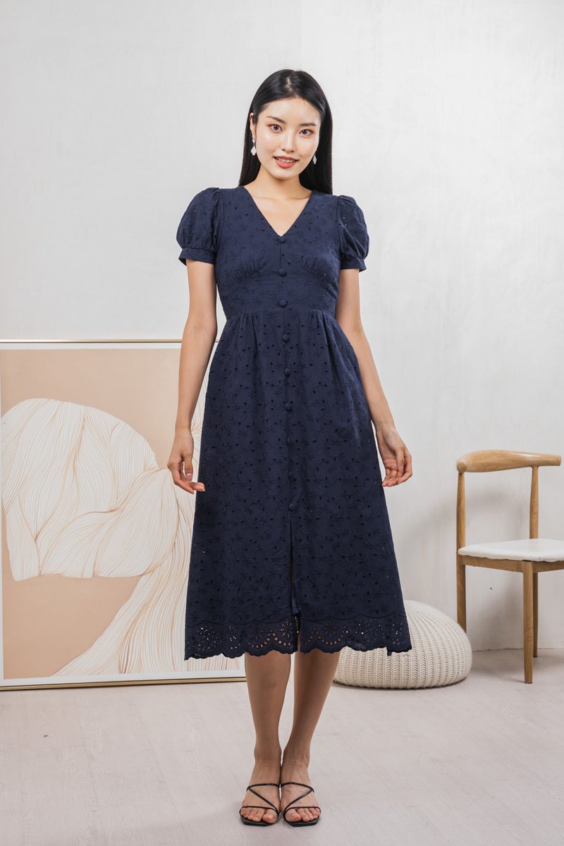 Hansel Eyelet Empire Midi Dress In Navy