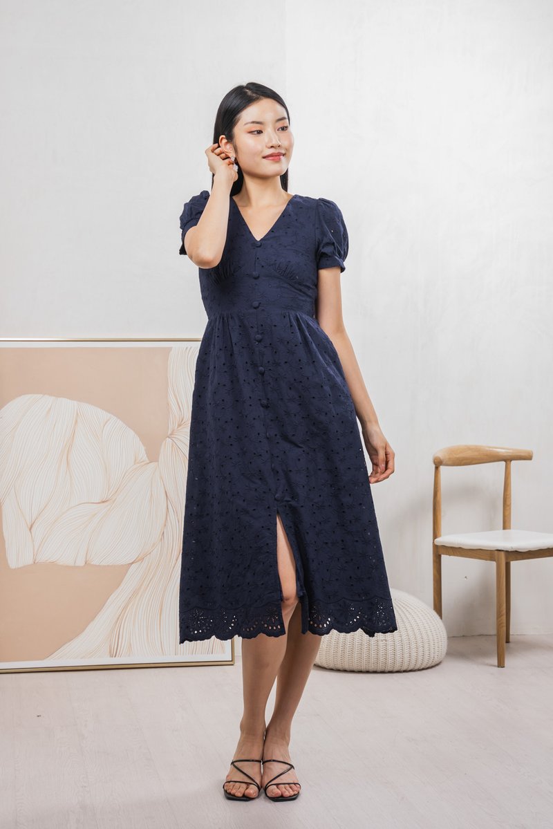 Hansel Eyelet Empire Midi Dress In Navy