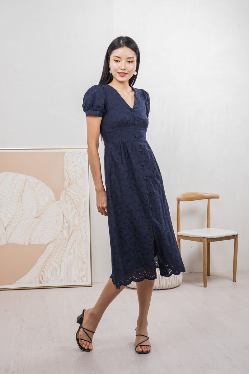Hansel Eyelet Empire Midi Dress In Navy