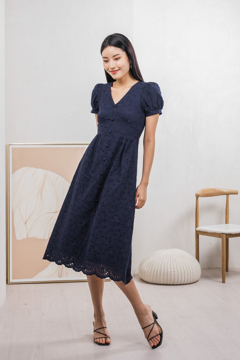 Hansel Eyelet Empire Midi Dress In Navy