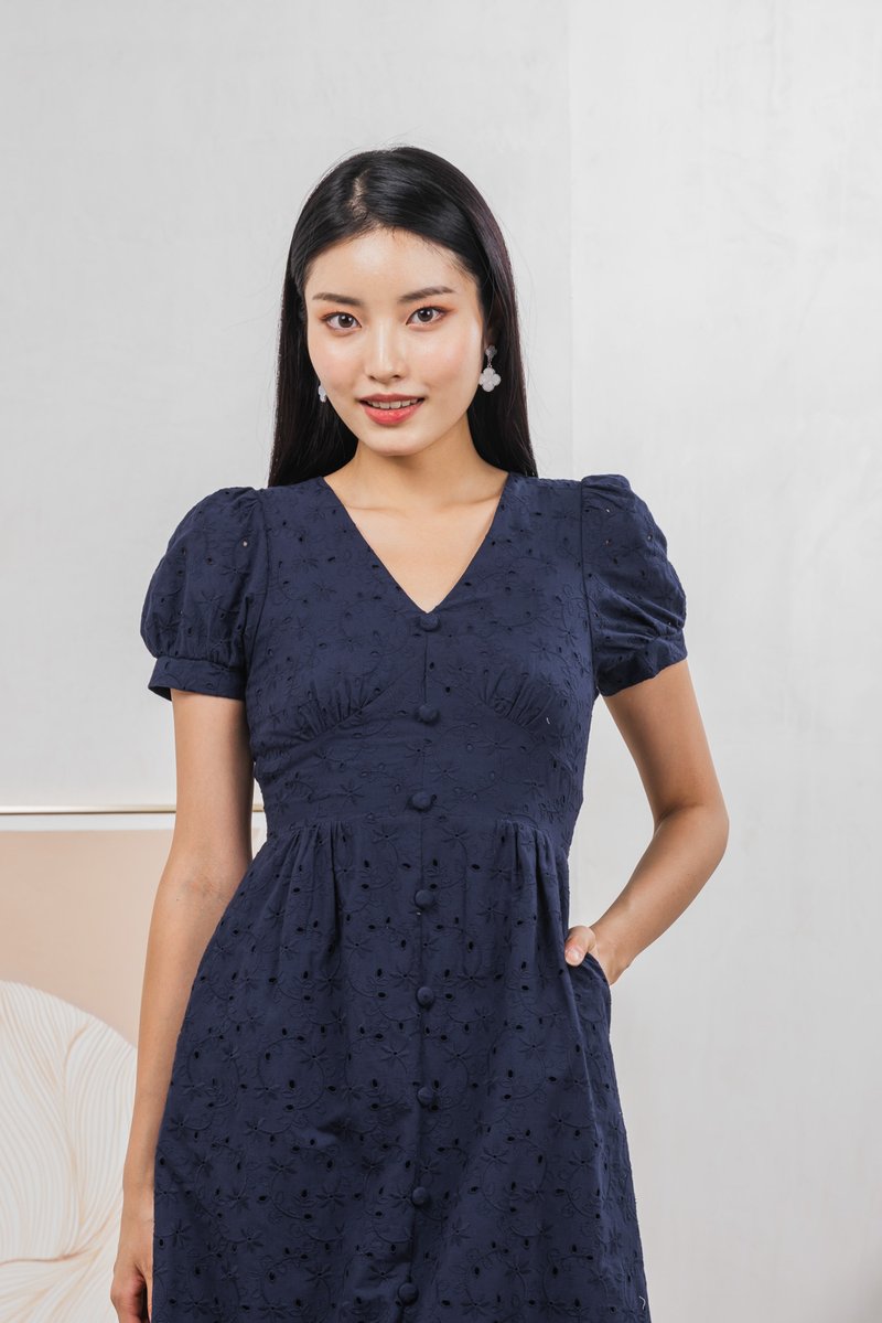 Hansel Eyelet Empire Midi Dress In Navy