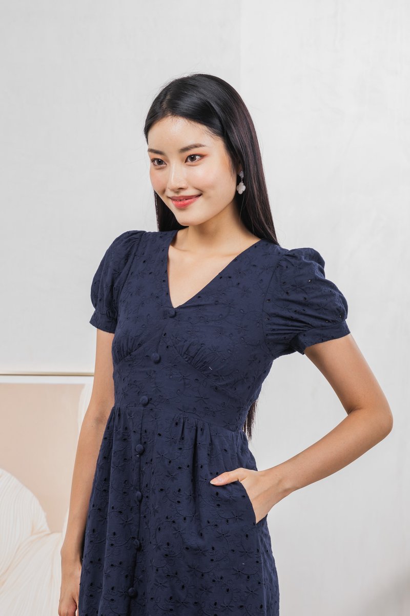 Hansel Eyelet Empire Midi Dress In Navy