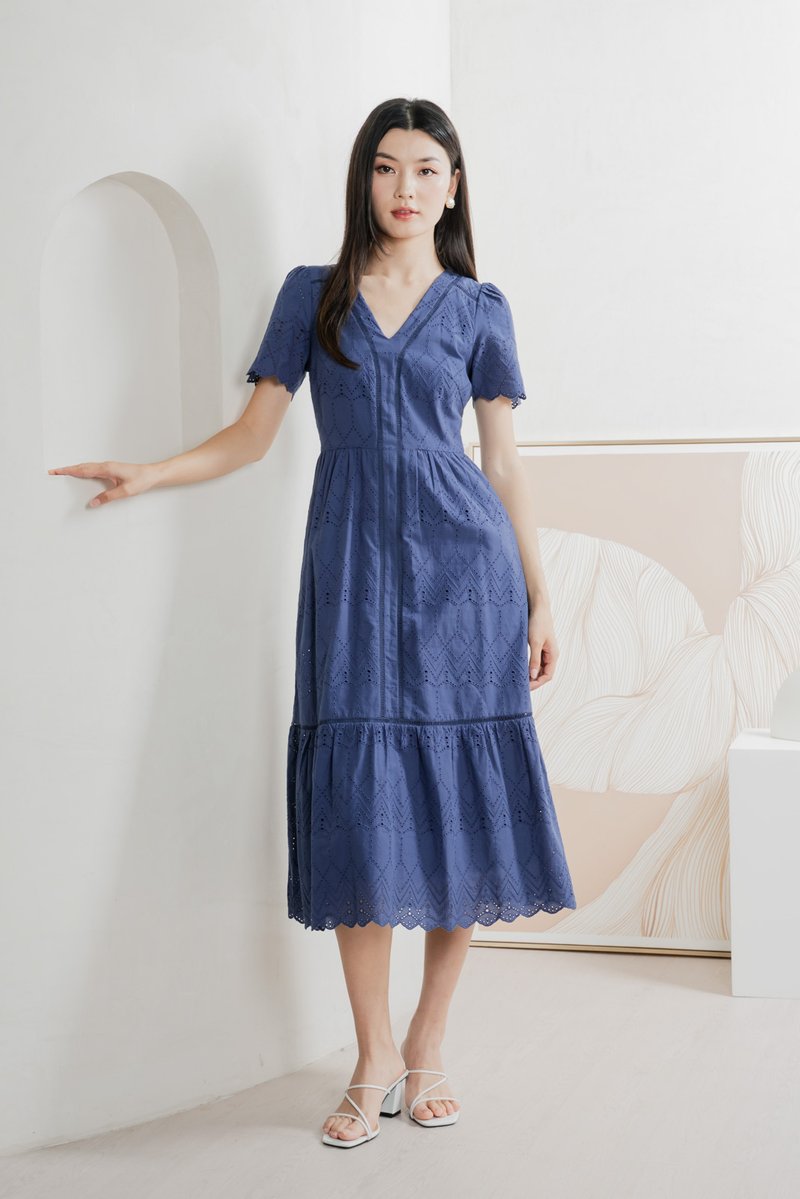 Lindsay Eyelet V neck Midi Dress In Blue