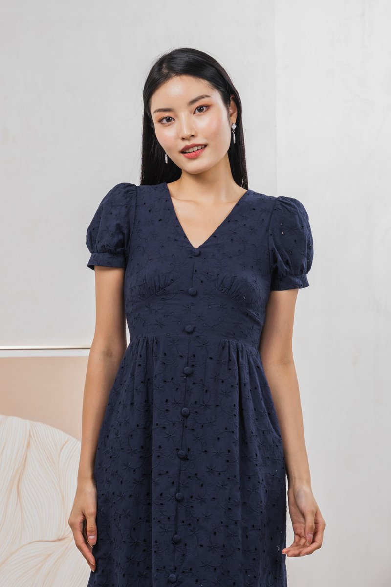 Hansel Eyelet Empire Midi Dress In Navy