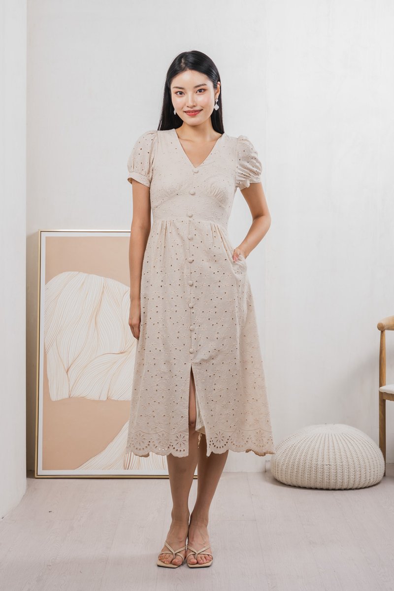 Hansel Eyelet Empire Midi Dress In Cream