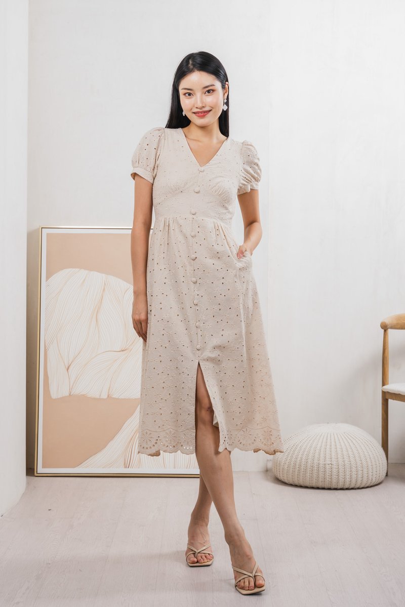 Hansel Eyelet Empire Midi Dress In Cream