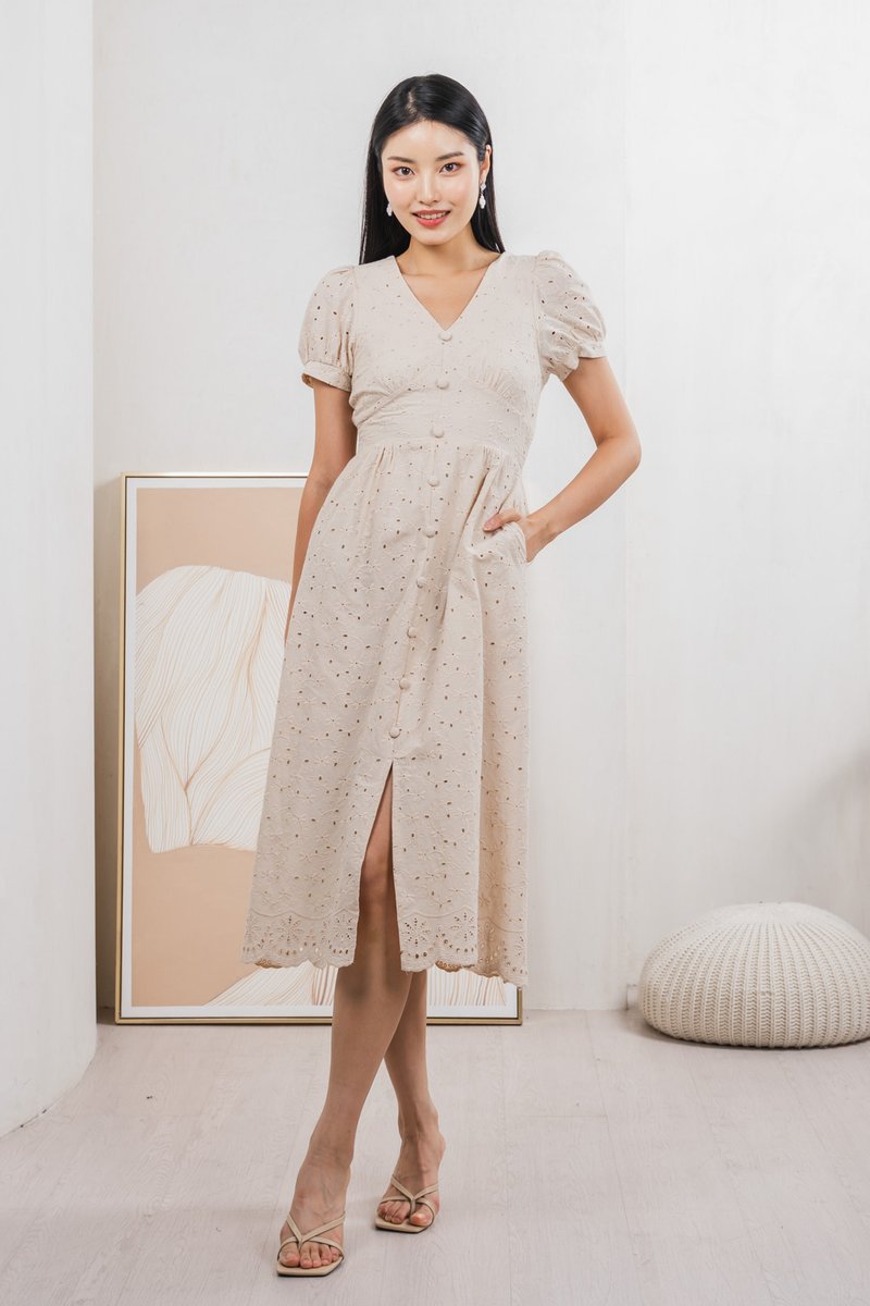 Hansel Eyelet Empire Midi Dress In Cream