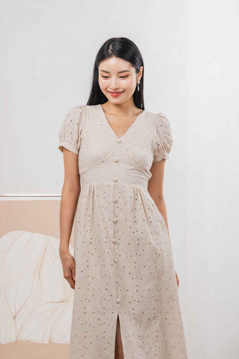 Hansel Eyelet Empire Midi Dress In Cream