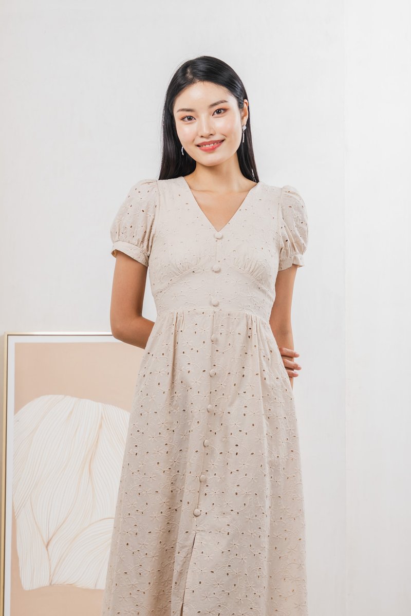 Hansel Eyelet Empire Midi Dress In Cream