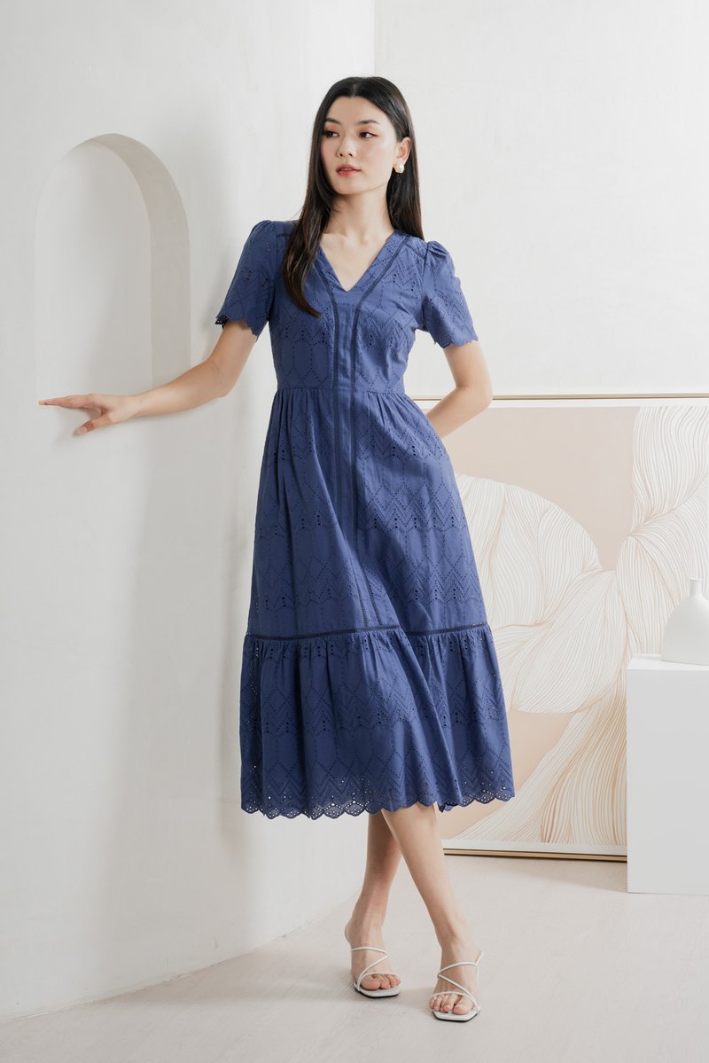 Lindsay Eyelet V neck Midi Dress In Blue