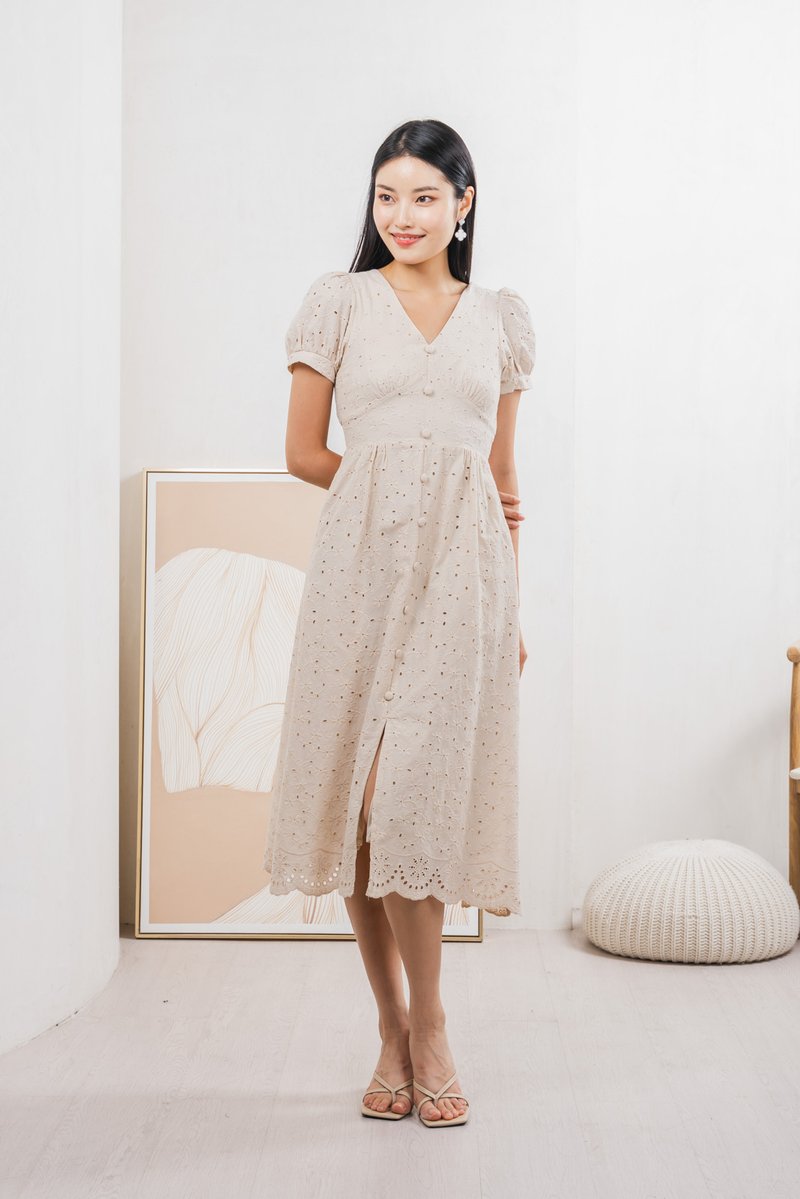 Hansel Eyelet Empire Midi Dress In Cream