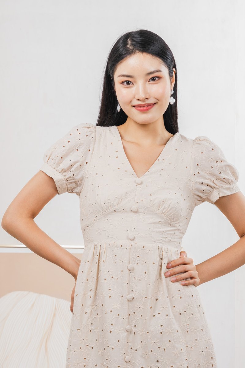 Hansel Eyelet Empire Midi Dress In Cream