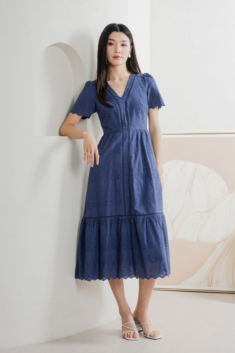 Lindsay Eyelet V neck Midi Dress In Blue