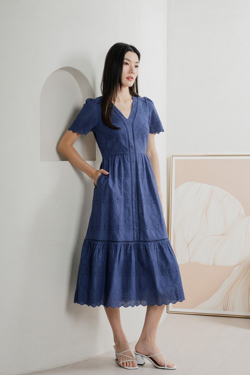 Lindsay Eyelet V neck Midi Dress In Blue