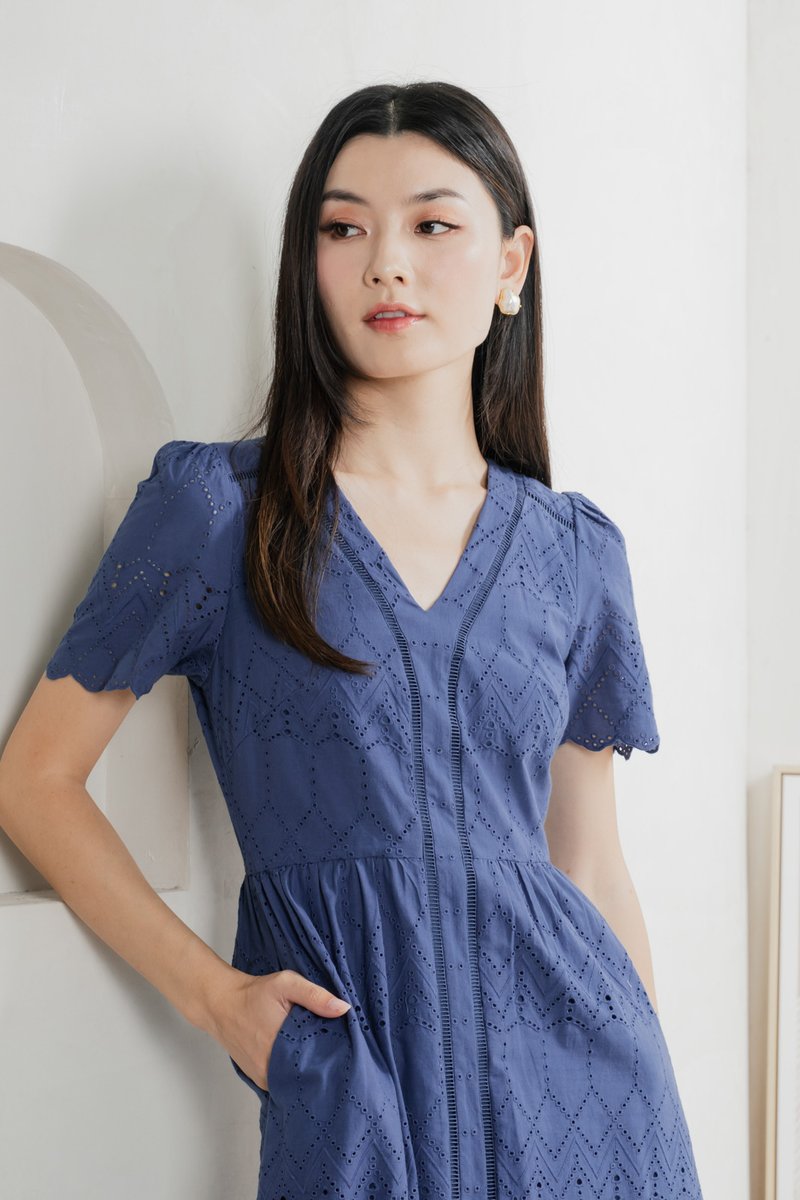 Lindsay Eyelet V neck Midi Dress In Blue