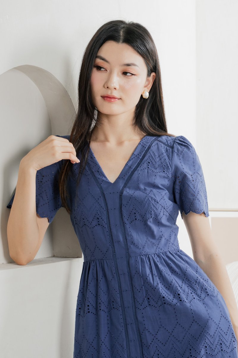 Lindsay Eyelet V neck Midi Dress In Blue