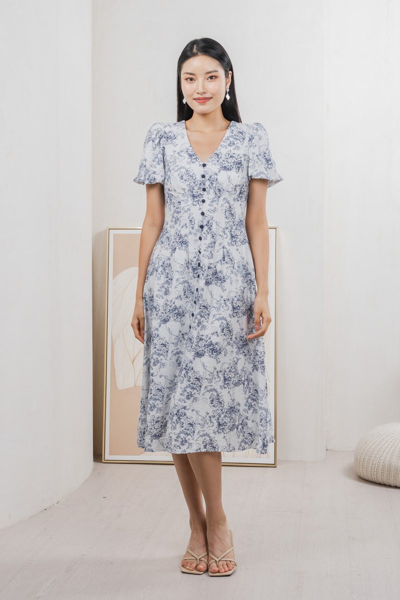 Roslin Printed Button Midi Dress In Navy (S)