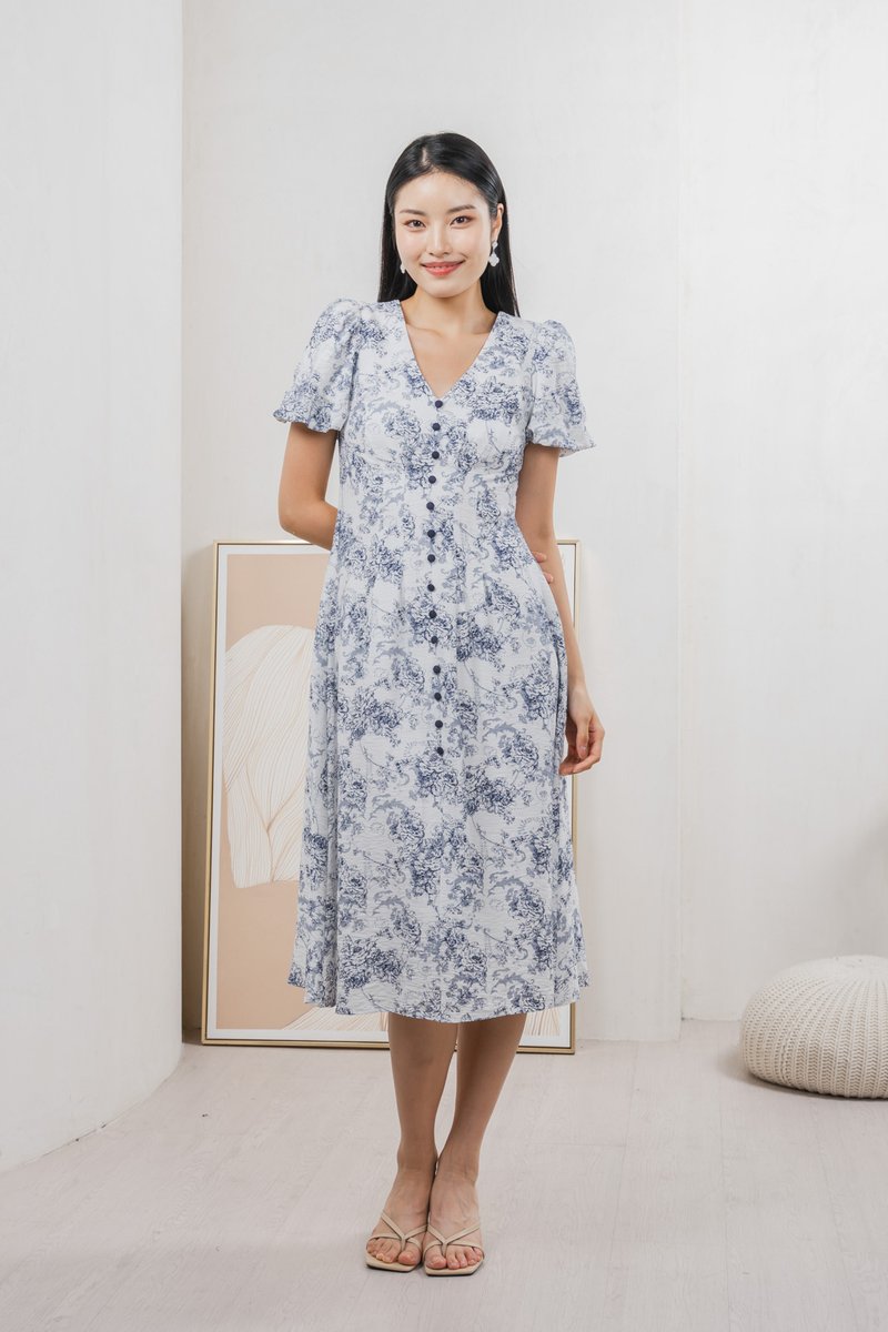 Roslin Printed Button Midi Dress In Navy (S)