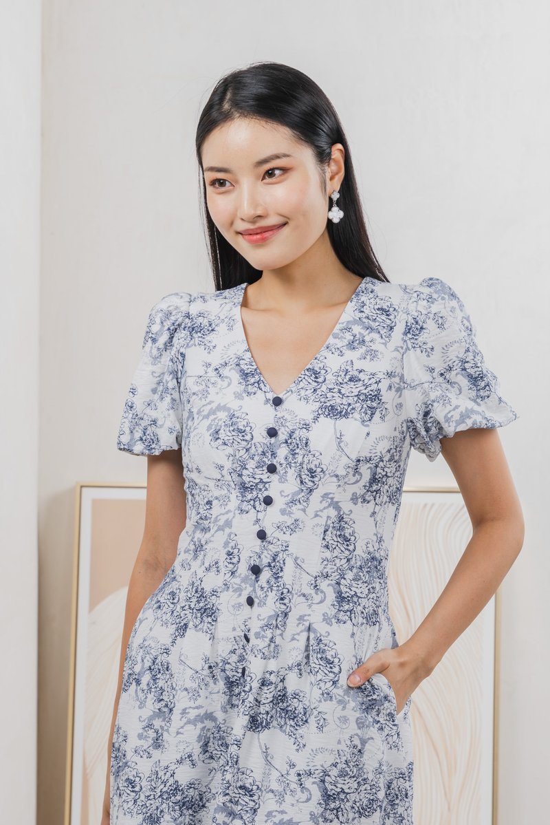 Roslin Printed Button Midi Dress In Navy (S)