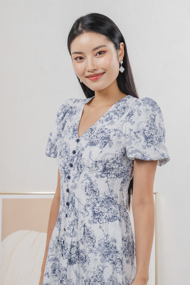 Roslin Printed Button Midi Dress In Navy (S)