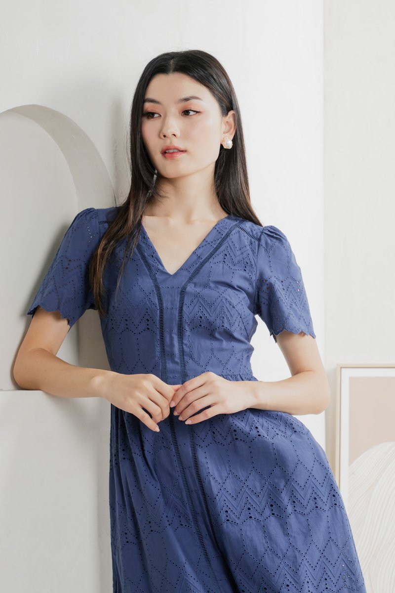 Lindsay Eyelet V neck Midi Dress In Blue