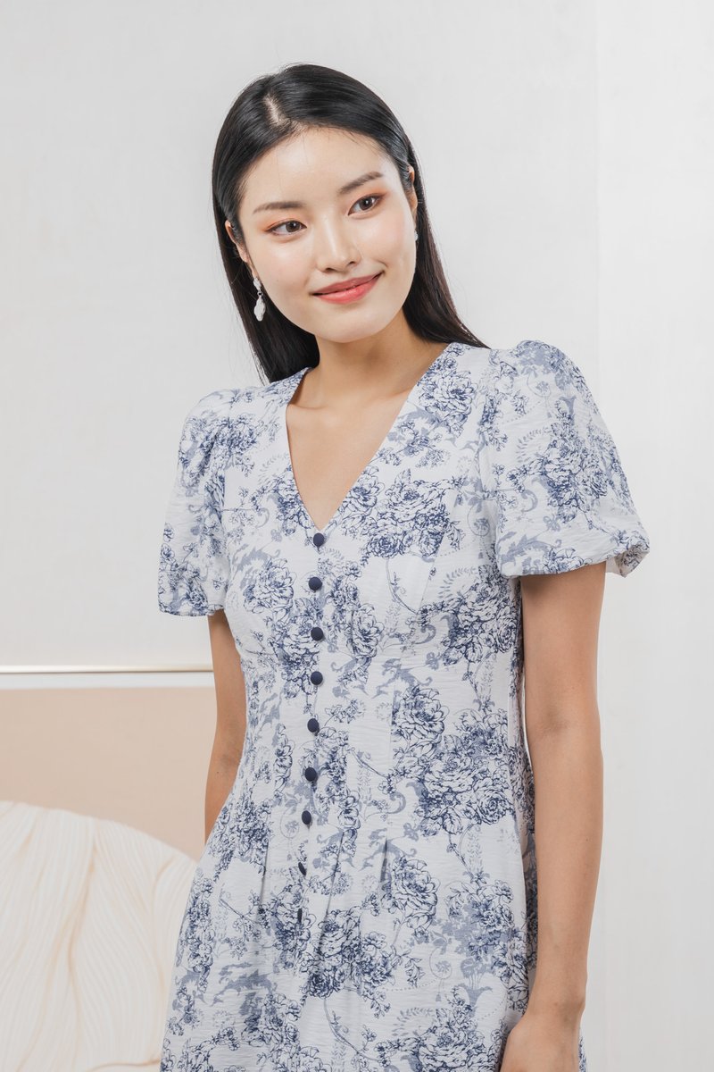 Roslin Printed Button Midi Dress In Navy (S)