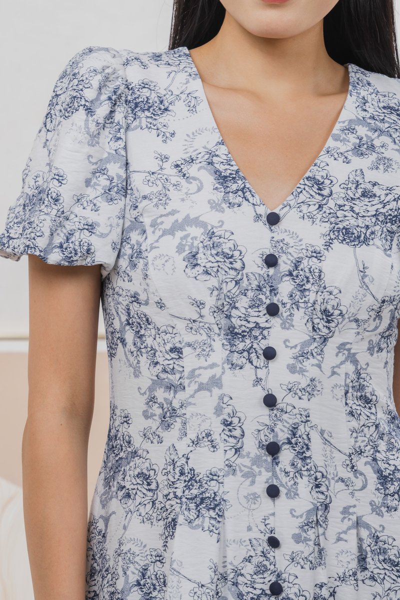 Roslin Printed Button Midi Dress In Navy (S)
