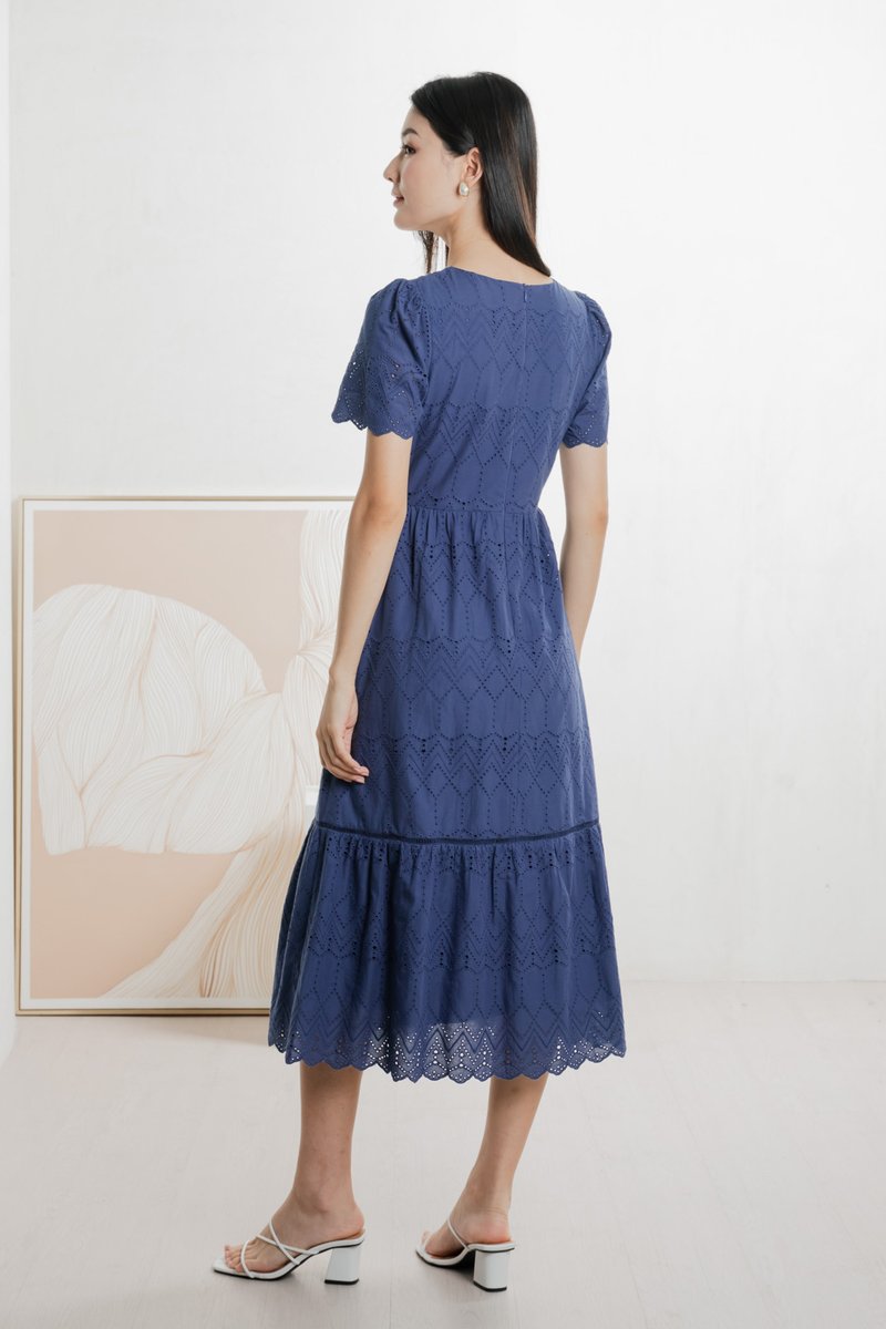 Lindsay Eyelet V neck Midi Dress In Blue