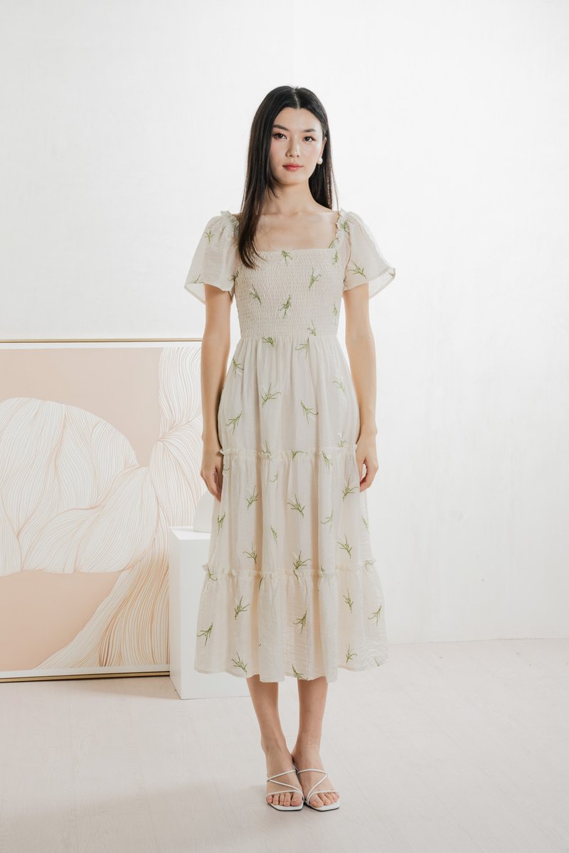 Imperia Smocked Midi Dress In Cream (XS)