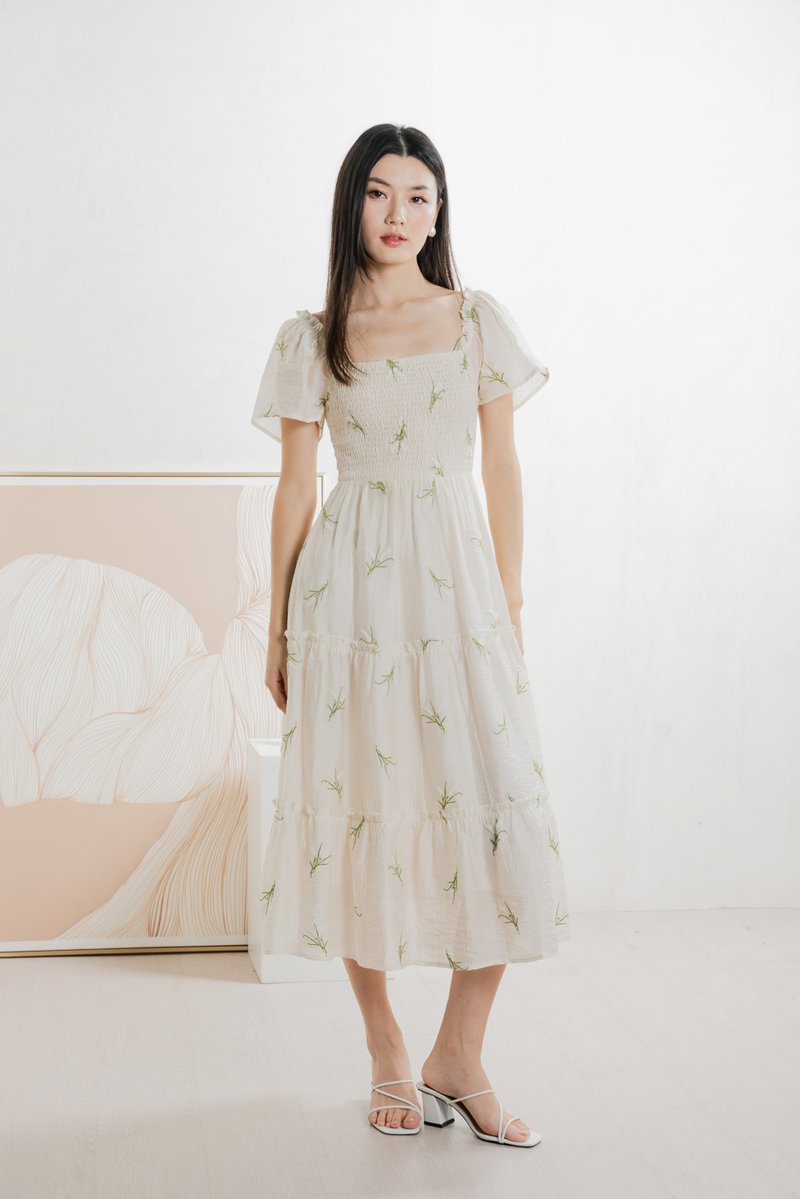 Imperia Smocked Midi Dress In Cream (XS)