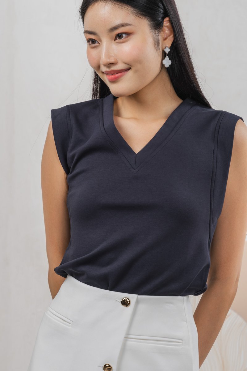 Chase Cotton V Neck Basic Top In Navy