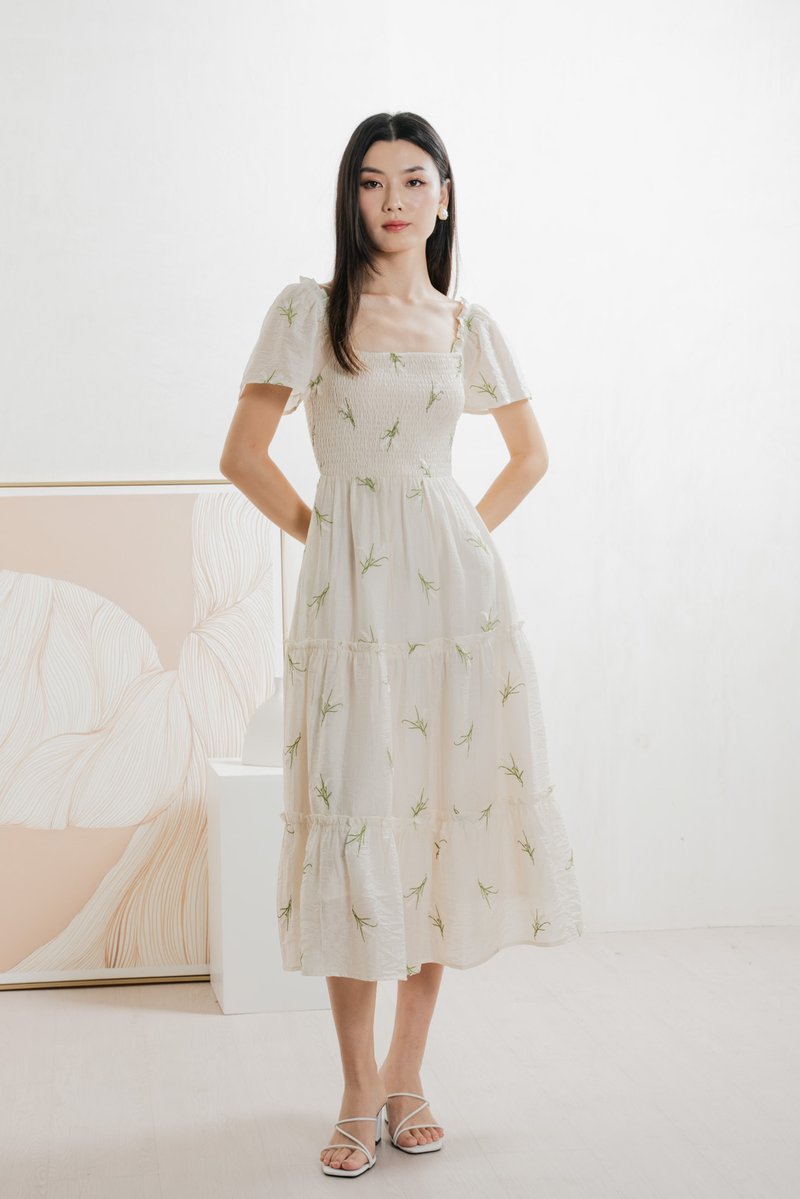 Imperia Smocked Midi Dress In Cream (XS)