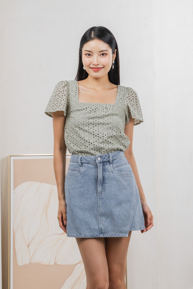Selina Eyelet Square Neck Top In Sage