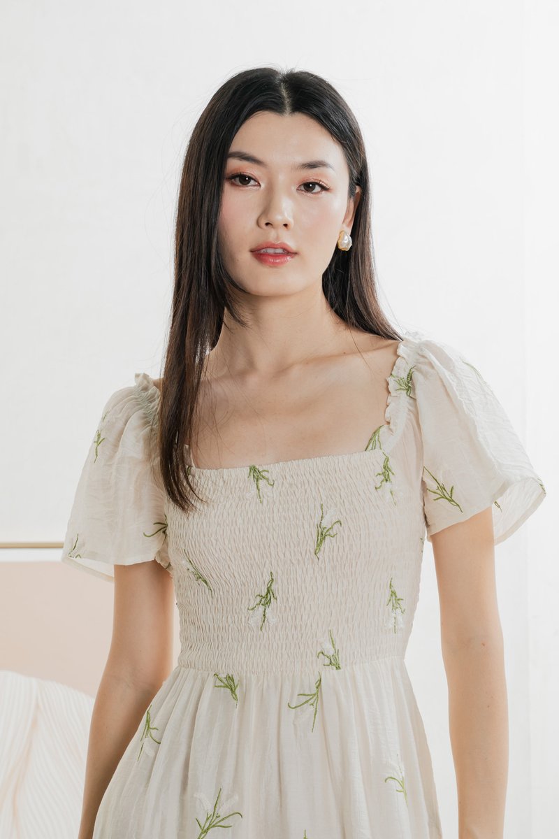 Imperia Smocked Midi Dress In Cream (XS)