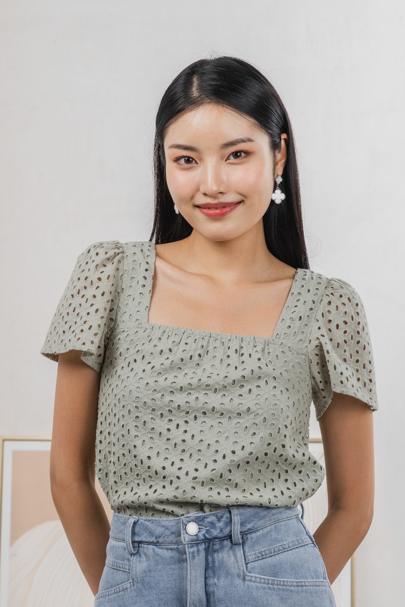 Selina Eyelet Square Neck Top In Sage