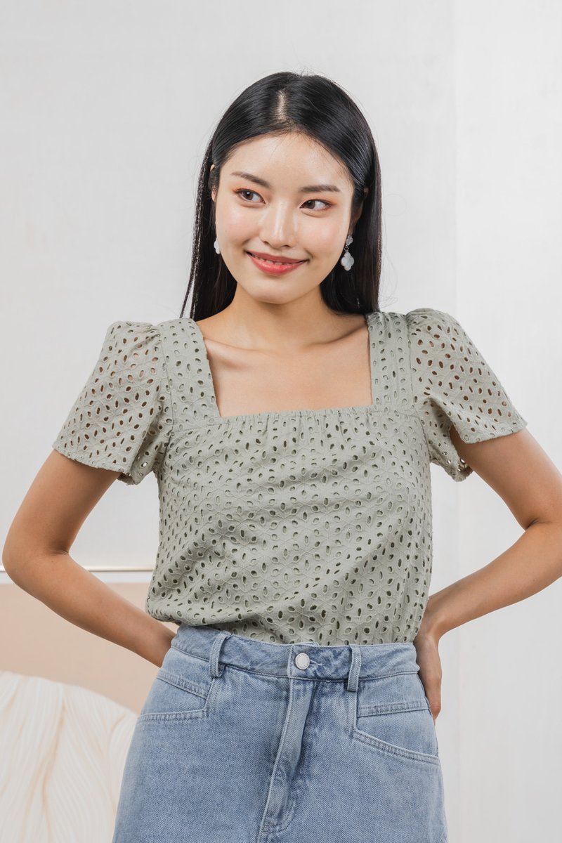 Selina Eyelet Square Neck Top In Sage