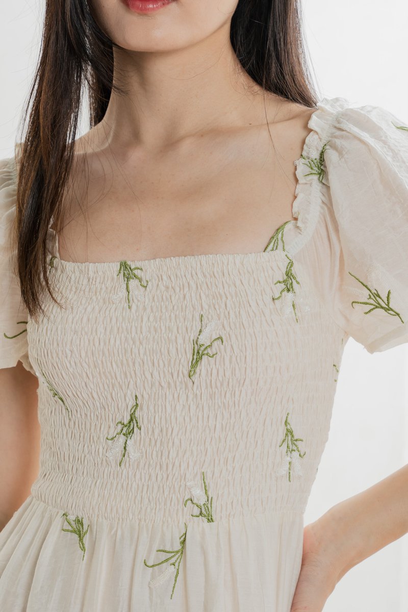Imperia Smocked Midi Dress In Cream (XS)