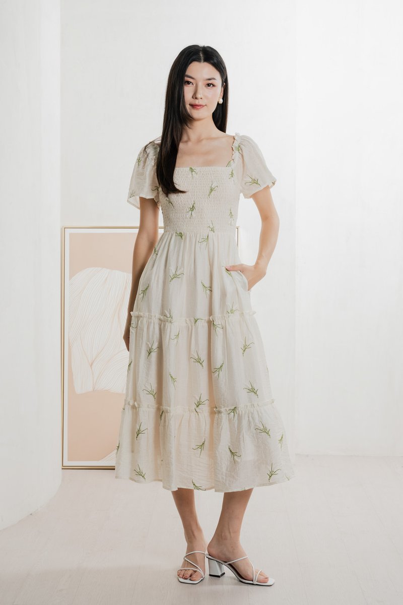 Imperia Smocked Midi Dress In Cream (XS)