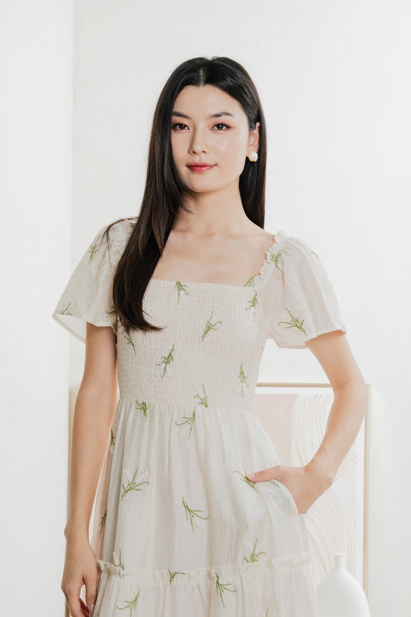 Imperia Smocked Midi Dress In Cream (XS)
