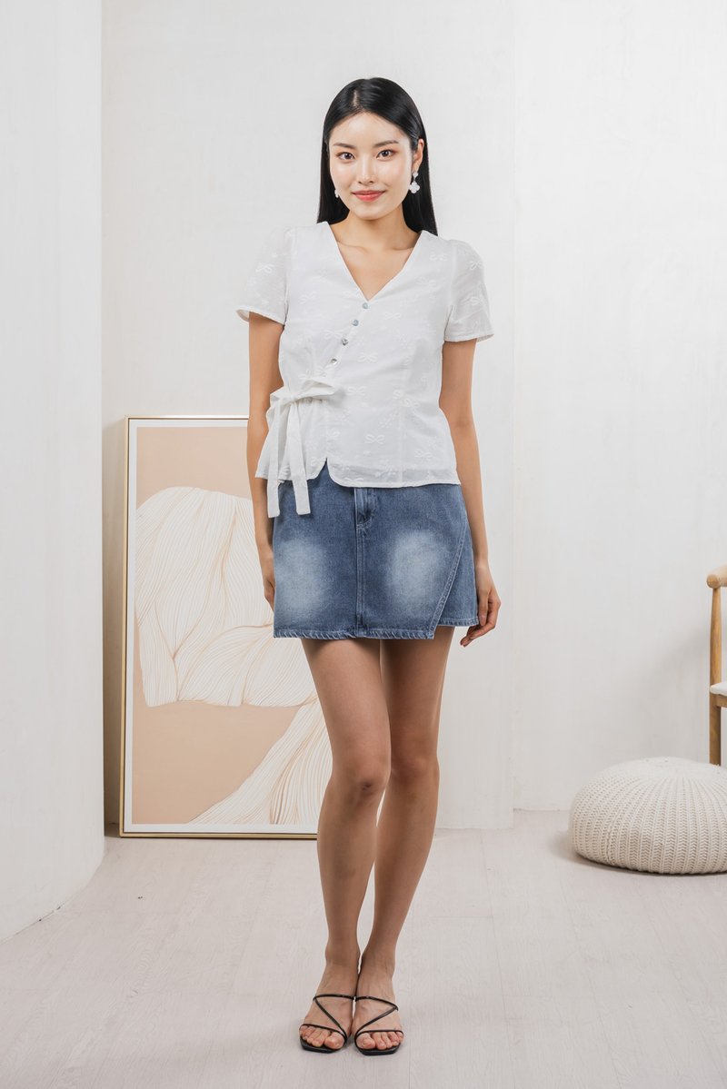 Raye Ribbon Faux Wrap Top In White