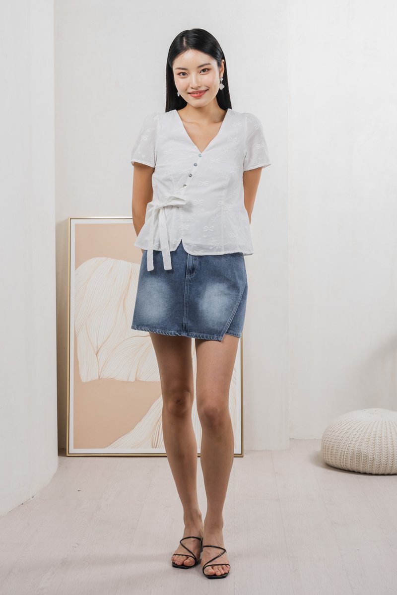 Raye Ribbon Faux Wrap Top In White