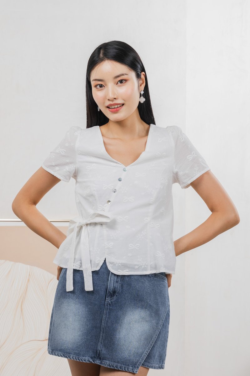 Raye Ribbon Faux Wrap Top In White